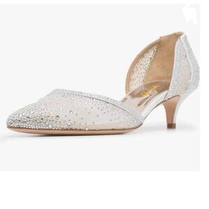 XYD Ivory Pump Pointed Toe D'Orsay Kitten Heel Rhinestone Studs Slip-On Shoes
